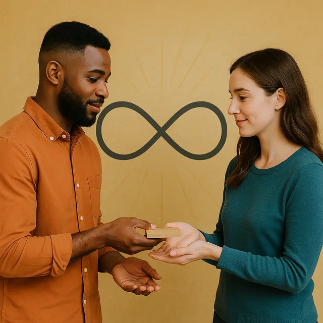 Two people exchanging a small object with an infinity symbol, illustrating the biblical principle that strengthens teams and builds trust