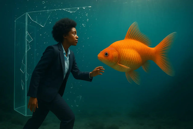 Person in suit reaching for a goldfish in a small tank symbolizing big fish in deeper waters