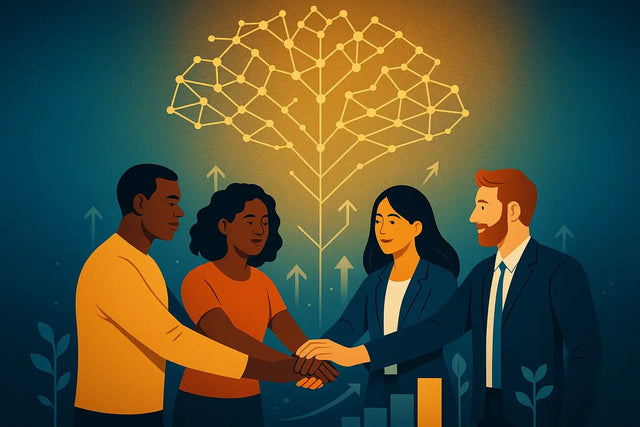Diverse individuals collaborating with hands stacked beneath a glowing network tree for personal development