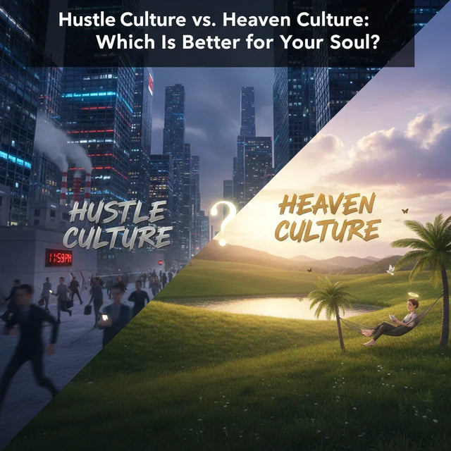 Split image contrasting hustle culture in a busy city with heaven culture in a peaceful landscape for a faith-centered approach article