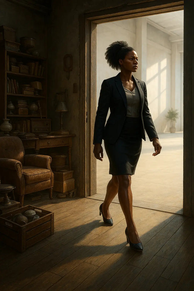 Woman in black business suit walking through doorway symbolizing embracing your high calling from Christ Jesus