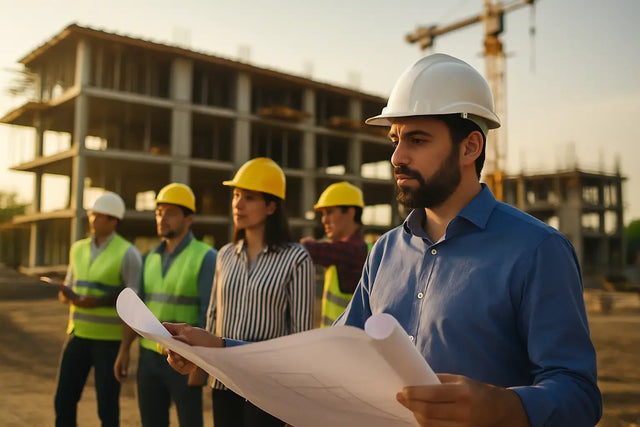 Construction workers and engineers reviewing blueprints at a building site for God’s kingdom