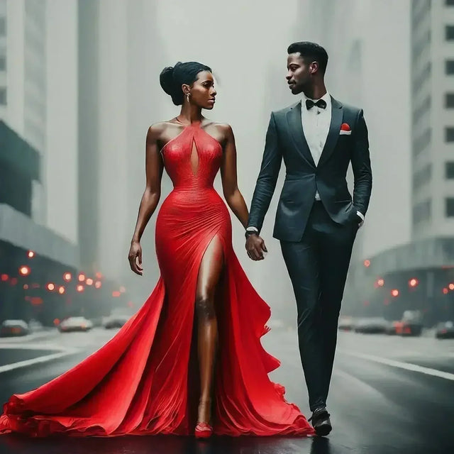 Man and woman in formal attire walking together, embodying building healthy connections.