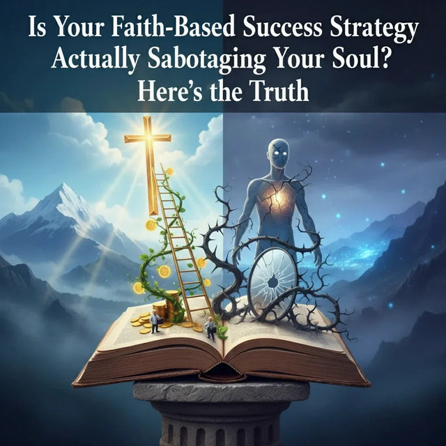 Open book with cross, ladder, gold coins, and green vine representing faith leadership and success