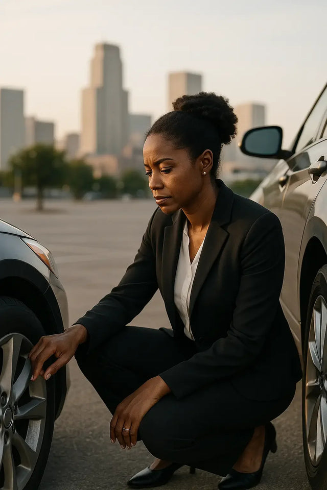 Woman in business suit inspecting a car tire to identify a slow leak during morning commute