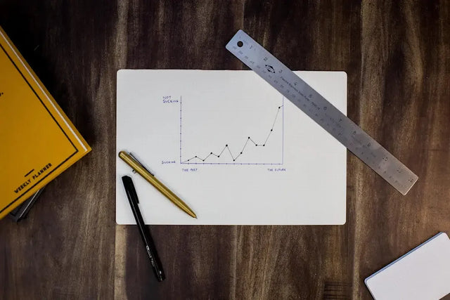 Graph on white notepad illustrating a compelling mission statement trend with ruler and pens