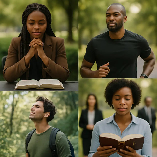 Four-panel collage illustrating individuals engaging in spiritual and outdoor activities for daily power surge and wholistic fitness