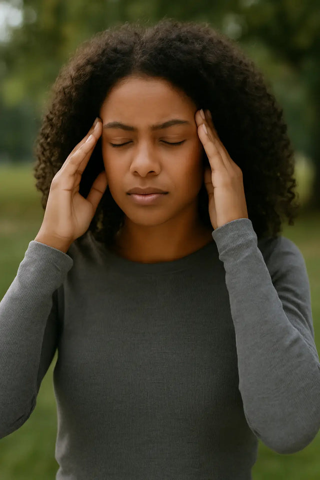 Woman with dark curly hair holding temples, illustrating overcoming negative self-talk and deceitful meat