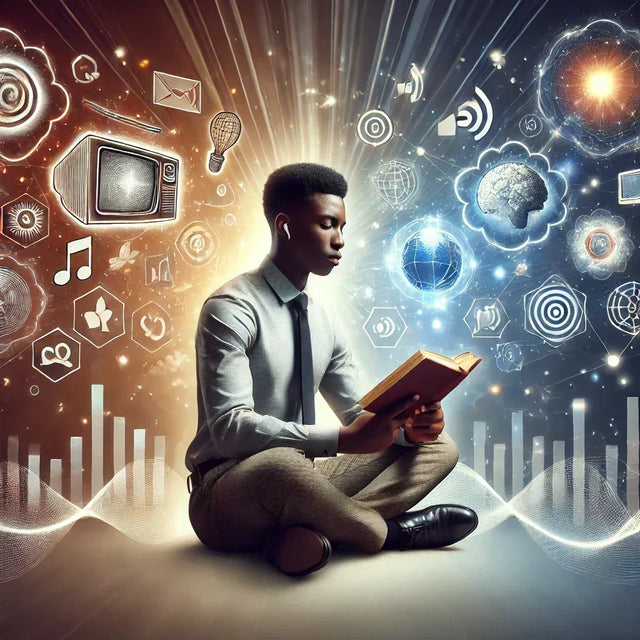 Man reading among digital icons representing hear shapes and spiritual gates.