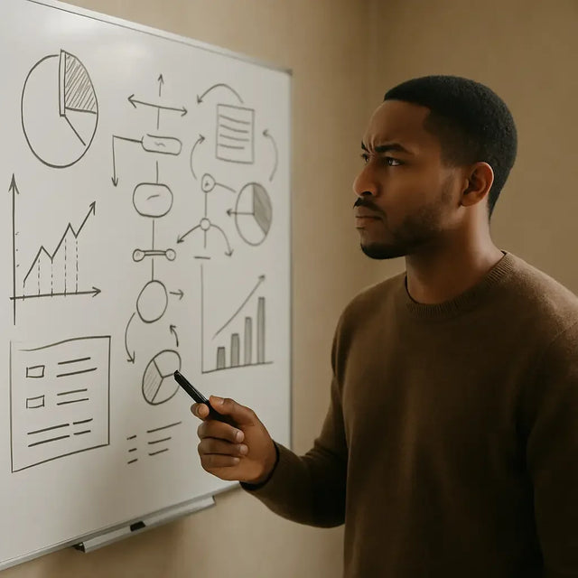 Man in brown shirt pointing at whiteboard with business diagrams in spiritual warfare article