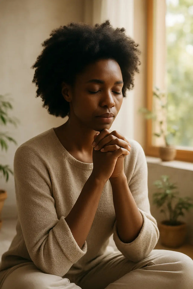 Person with dark curly hair in light clothing embodying purpose-driven leadership and hebrew word