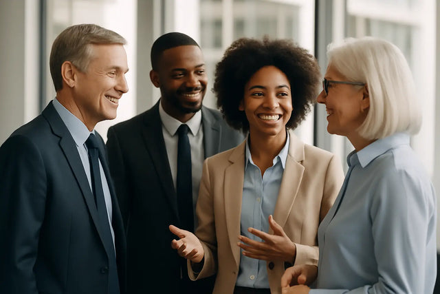 Diverse professionals engaging in collaborative discussion to discover their true source of leadership identity