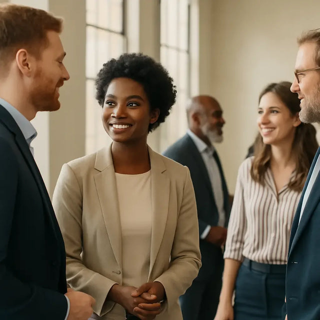 Diverse professionals engaging in conversation demonstrating purpose-driven leadership and divine connections
