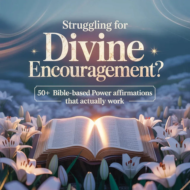 Open Bible with glowing pages surrounded by white lilies symbolizing divine encouragement and biblical affirmations
