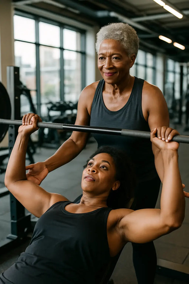 Two women exercising with a barbell exemplifying purpose-driven leadership at the gym