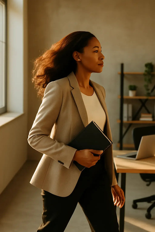 Woman in a beige blazer holding a dark notebook exemplifying divine momentum and leadership insight