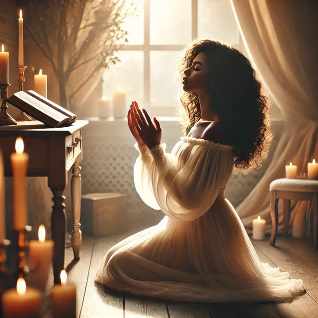 Woman kneeling in prayer, embodying intimate conversation and purpose-driven leadership.