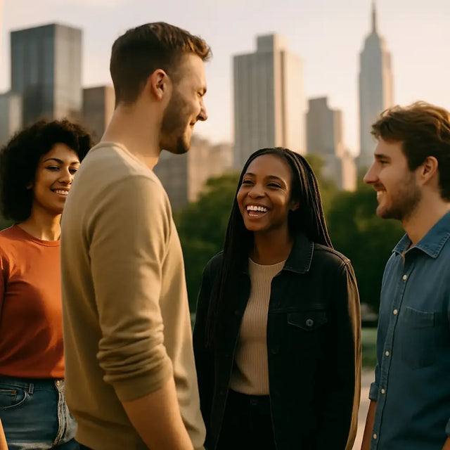 Four young adults discussing god’s purpose and divine instruction outdoors with city skyline