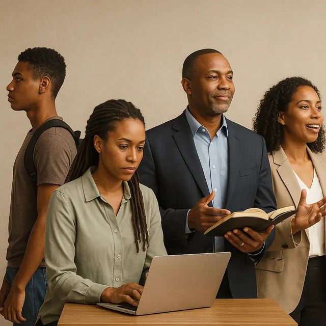 Four diverse adults embracing pioneering grace on the leadership journey with Holy Spirit’s guidance