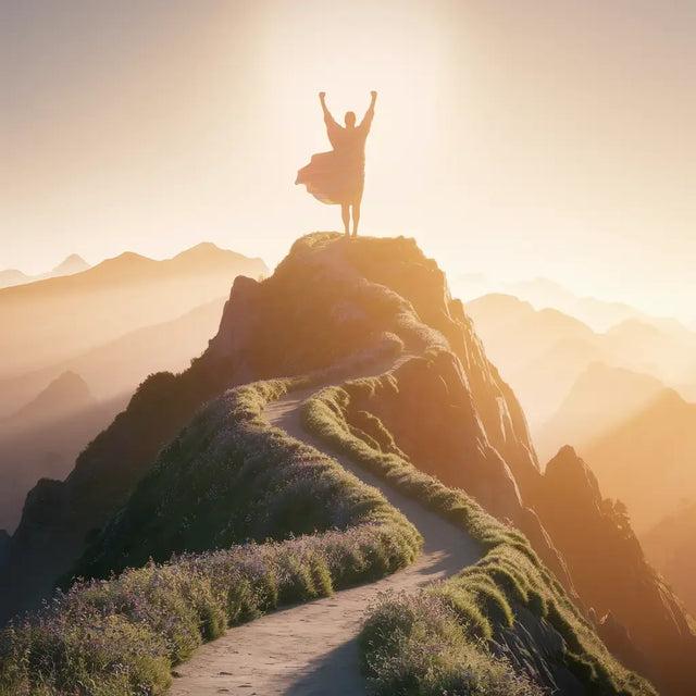 Victorious figure on mountain peak symbolizing embracing transformation for professional development.