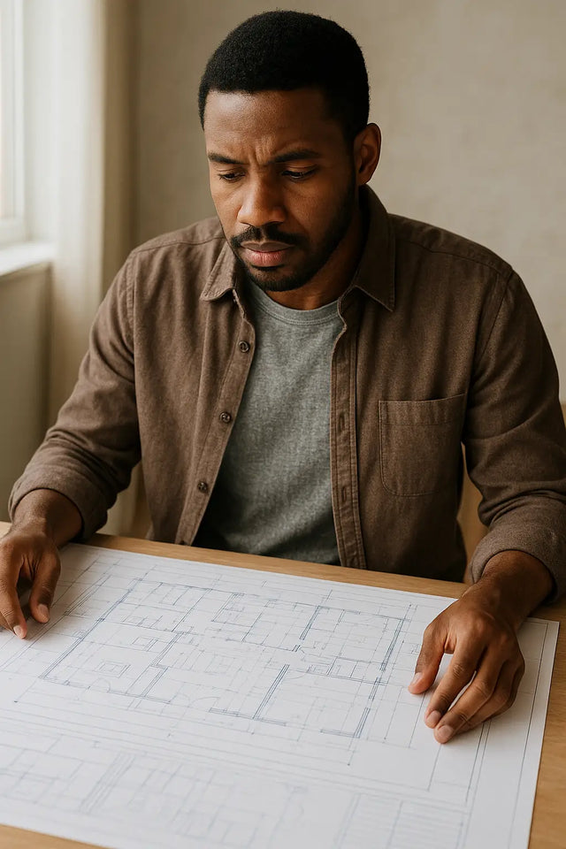 Dark-skinned man with beard examining blueprint on table, embodying his unique purpose