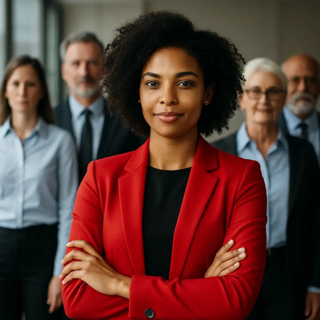 Woman with dark curly hair in red blazer demonstrating confidence in front of business peers