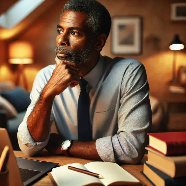 Pensive man at desk contemplating created purpose for future generations to leave behind.
