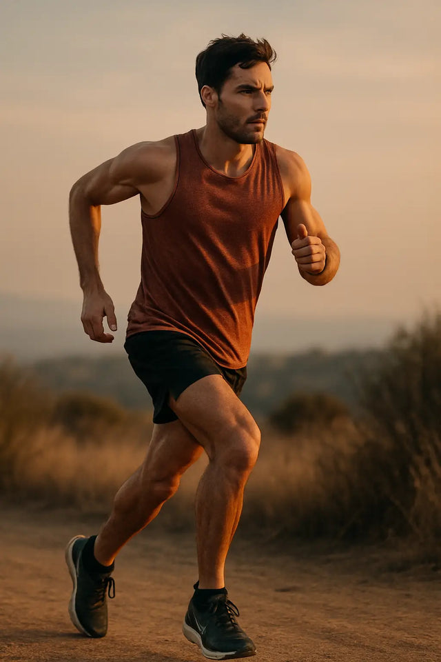 Male athlete running in rust-colored tank top and black shorts demonstrating divine enablement