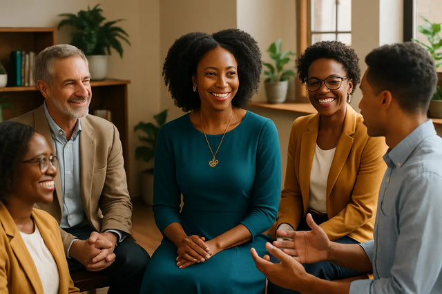 Diverse group of five smiling adults discussing exponential growth and reflection question for lasting legacy