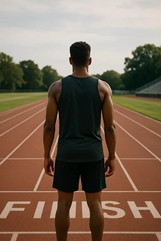 Athlete in dark tank top and shorts on running track exemplifying finish strong and purpose-driven leadership