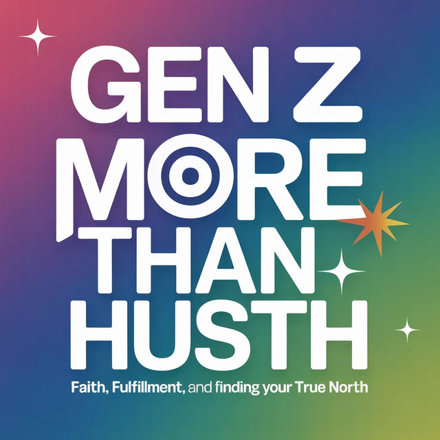 Colorful graphic design with gradient background illustrating Gen Z adults exploring spiritual curiosity