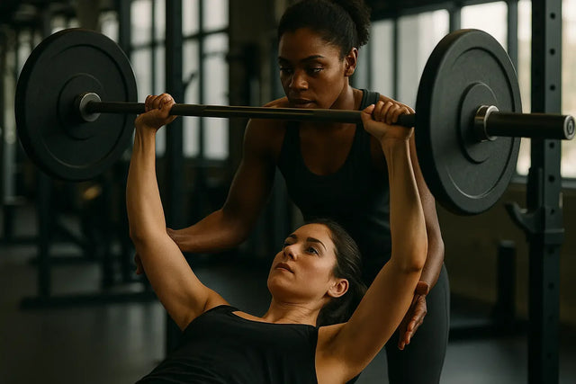 Two women performing a barbell bench press illustrating God’s presence brings strength to leaders