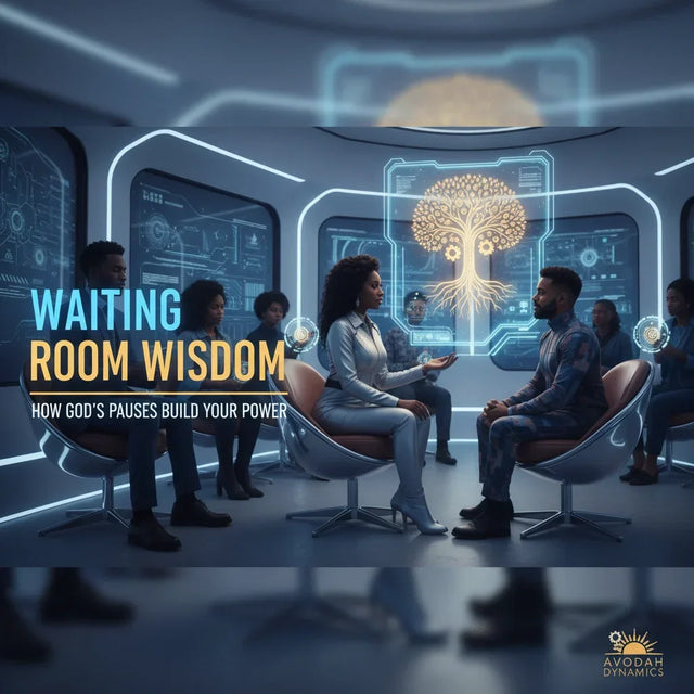 Futuristic hologram tree display with glowing leaves symbolizing transformation in God’s Waiting Room
