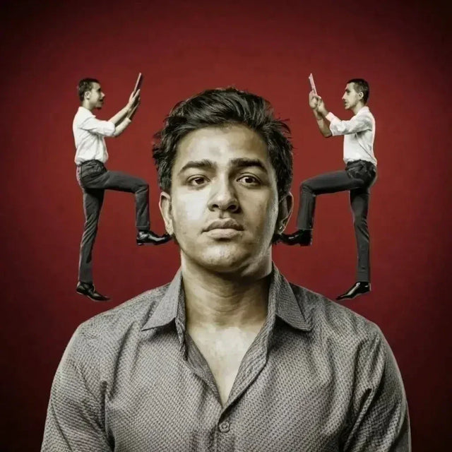 Man with his head in the air symbolizes balancing hustle in sustainable self-care efforts.