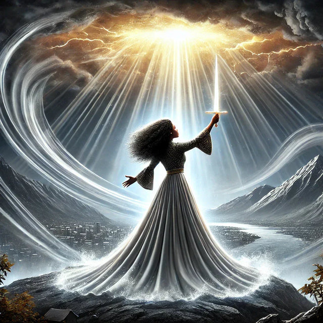 Woman wielding a glowing sword as a spiritual weapon for divine protection.