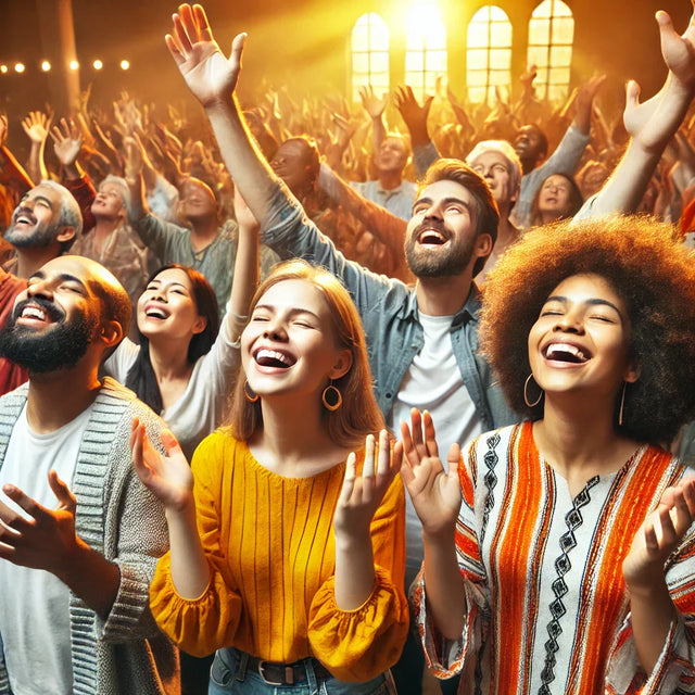 Joyful crowd raising hands in praise, illustrating avodah dynamics in spiritual warfare.