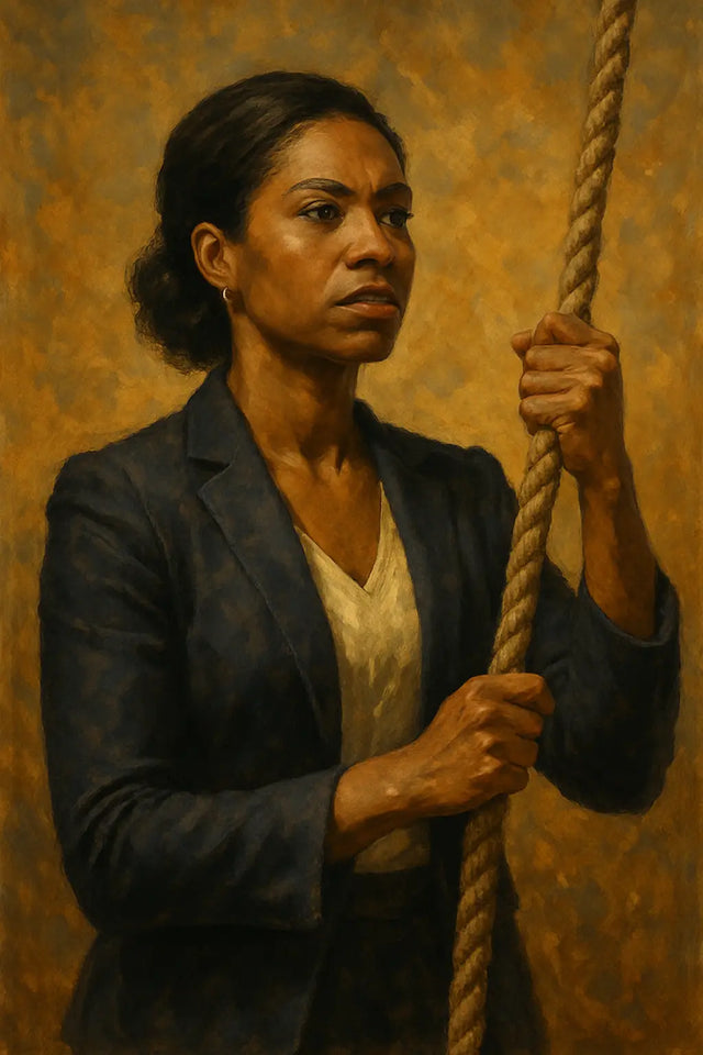 Woman in dark blazer holding thick rope symbolizing hold fast to confidence and good work