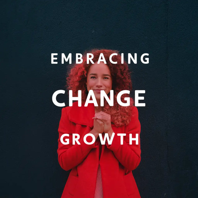 Motivational text overlay on red background emphasizing embracing change for personal growth.
