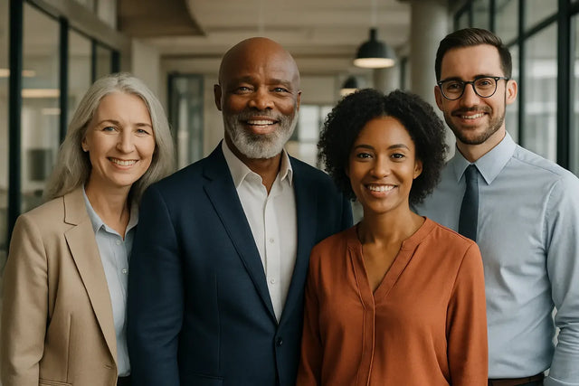 Four smiling professionals embodying Kingdom Culture and choosing love in an office setting