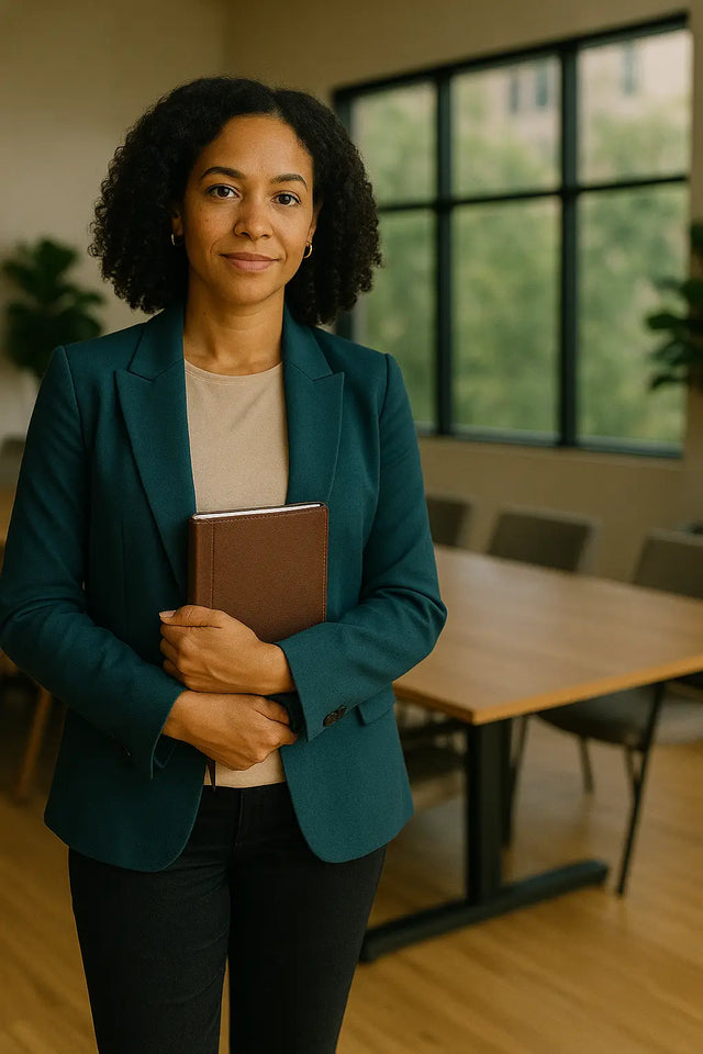 Woman with dark curly hair in teal blazer holding a book, exemplifying kingdom discipline and leadership rooted in purpose