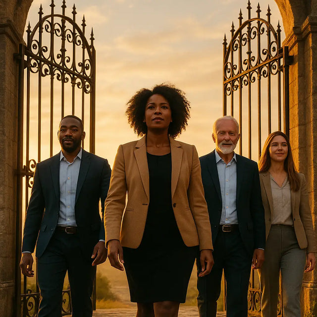 Four diverse business professionals exemplifying purpose-driven leadership and forward momentum