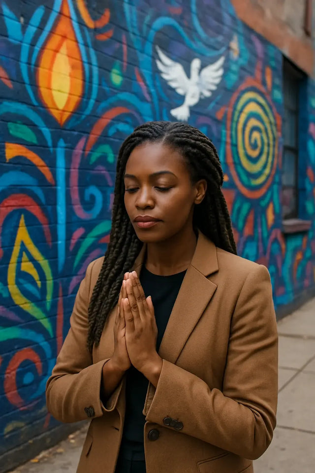 Woman with braided hair and brown blazer in prayer gesture for leadership development article