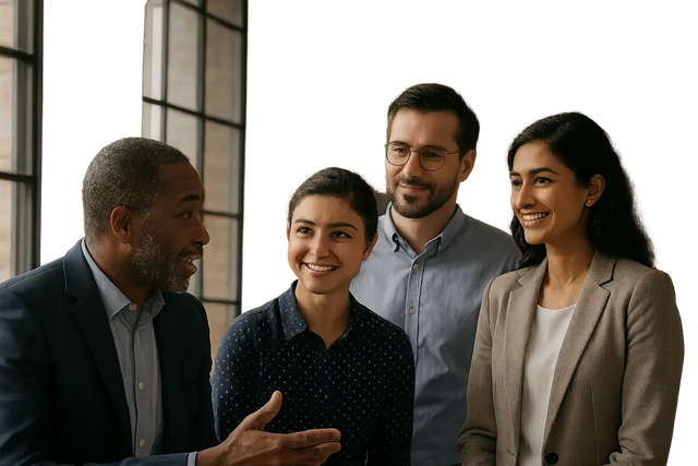 Diverse business professionals exemplifying leadership transparency fostering trust among team members