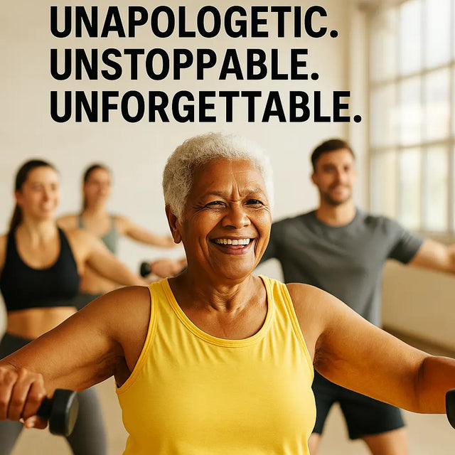 Senior woman smiling while exercising, embodying the essence of living unapologetically.