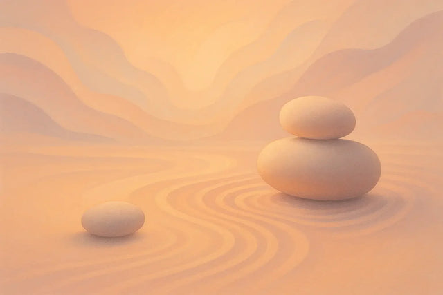 Smooth light-colored stones stacked in a serene setting for managing stress and self-discovery soundscape