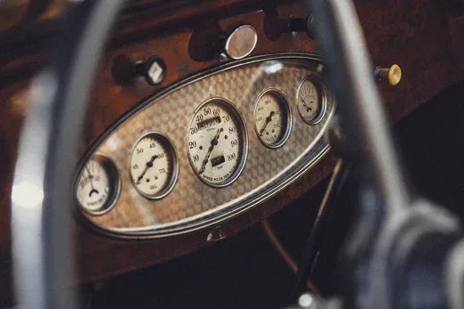 Vintage car dashboard with four gauges illustrating key performance indicators for career advancement strategies