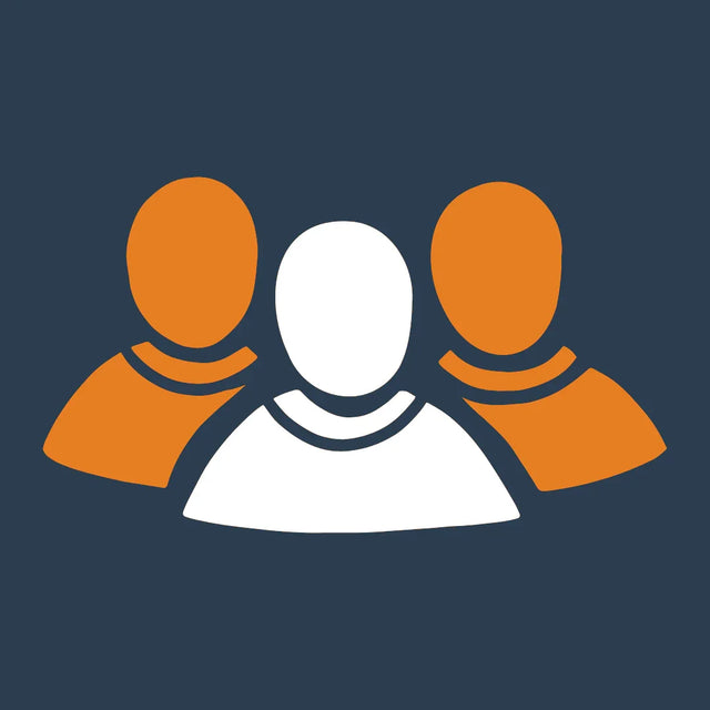Simple icon of three people in orange and white representing customer-centric focus.