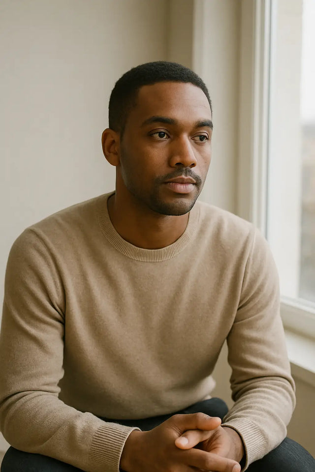 Man in tan crewneck sweater demonstrating emotional control for leadership mastery