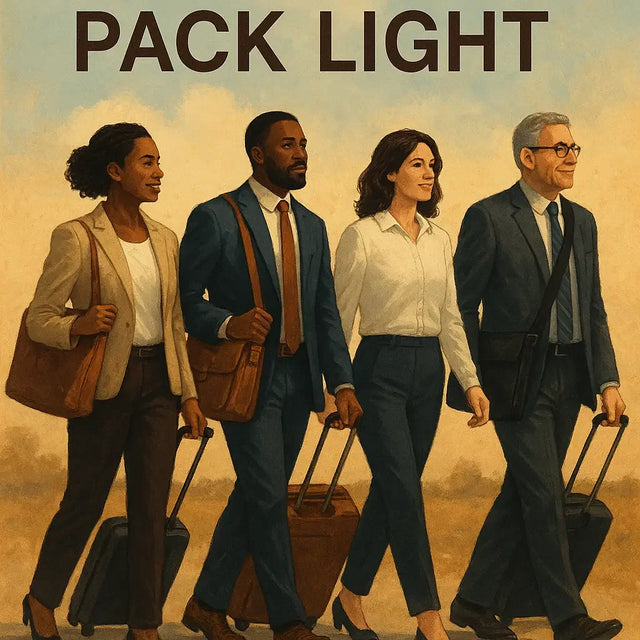 Four diverse business travelers with luggage exemplifying pack light for leadership success