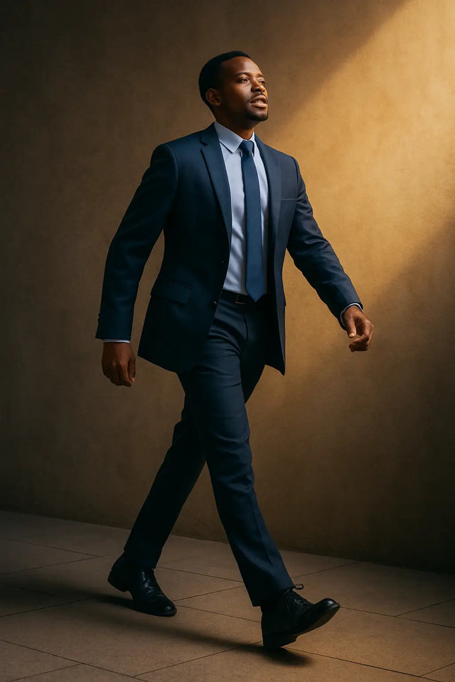 Well-dressed man in blue suit walking forward symbolizing press forward and too legit attitude